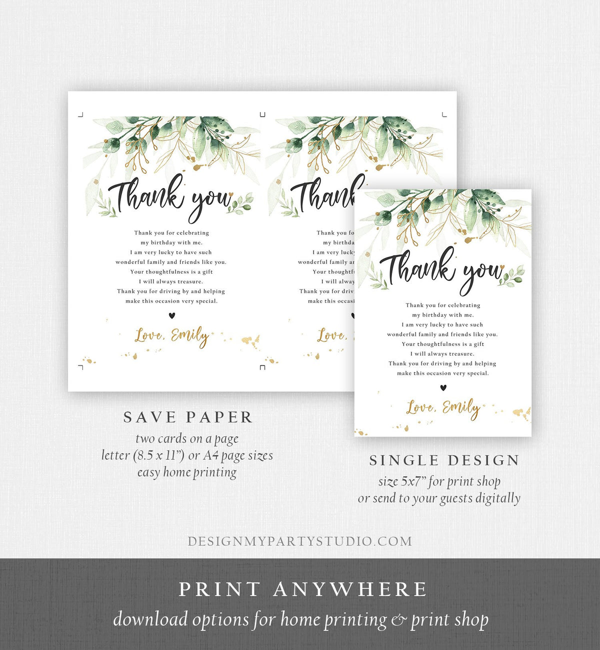 Editable Gold Leaves Baby Shower Thank You Card Drive By Through Social Distancing Birthday Wedding Floral Greenery Corjl Template 0168