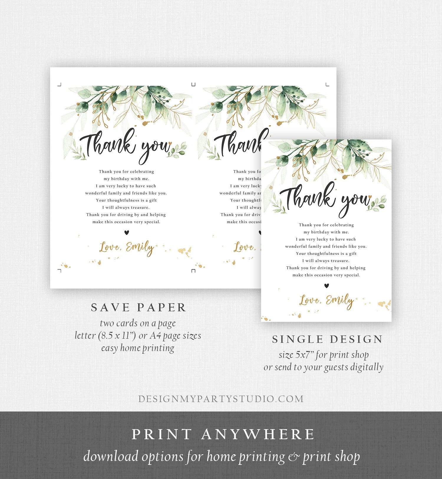 Editable Gold Leaves Baby Shower Thank You Card Drive By Through Social Distancing Birthday Wedding Floral Greenery Corjl Template 0168