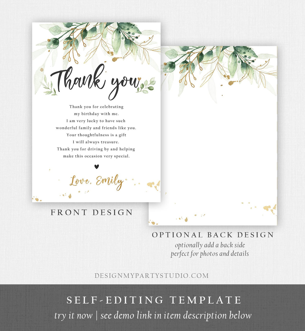 Editable Gold Leaves Baby Shower Thank You Card Drive By Through Social Distancing Birthday Wedding Floral Greenery Corjl Template 0168
