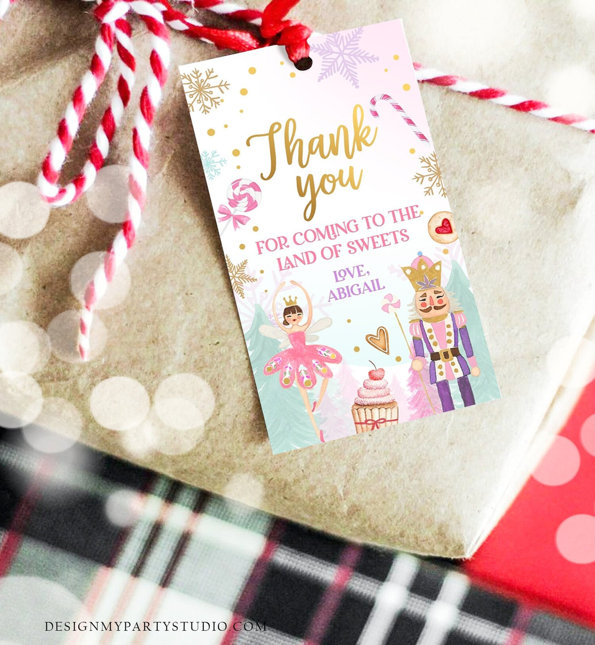 Editable Nutcracker Favor Tag Birthday Land of Sweets Thank You Tag Sugar Plum Fairy Christmas Winter Pink Gold Girl Template Printable 0352
