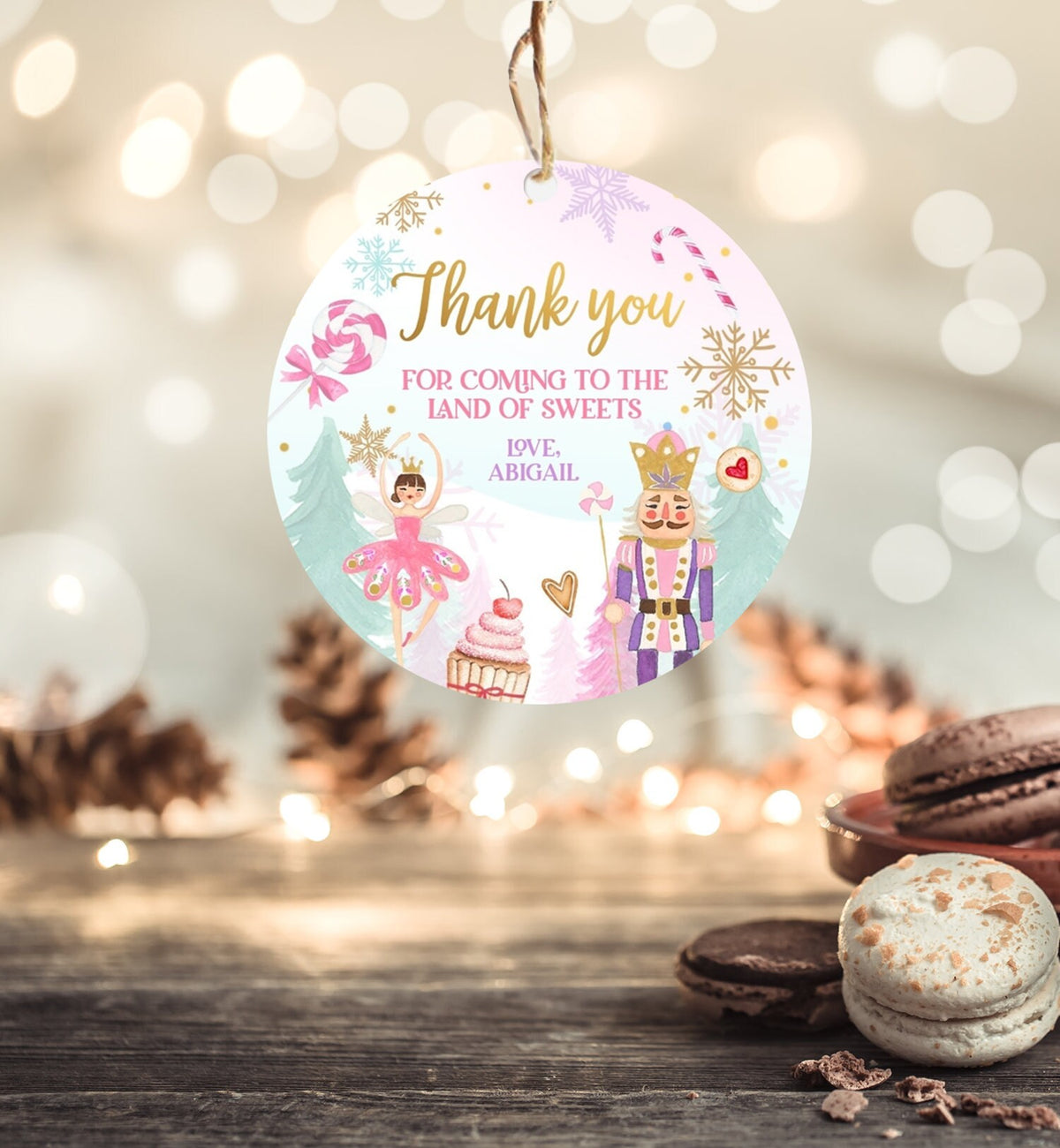 Editable Nutcracker Favor Tag Nutcracker Birthday Land of Sweets Thank You Tag Sugar Plum Fairy Christmas Winter Pink Gold Girl Corjl 0352