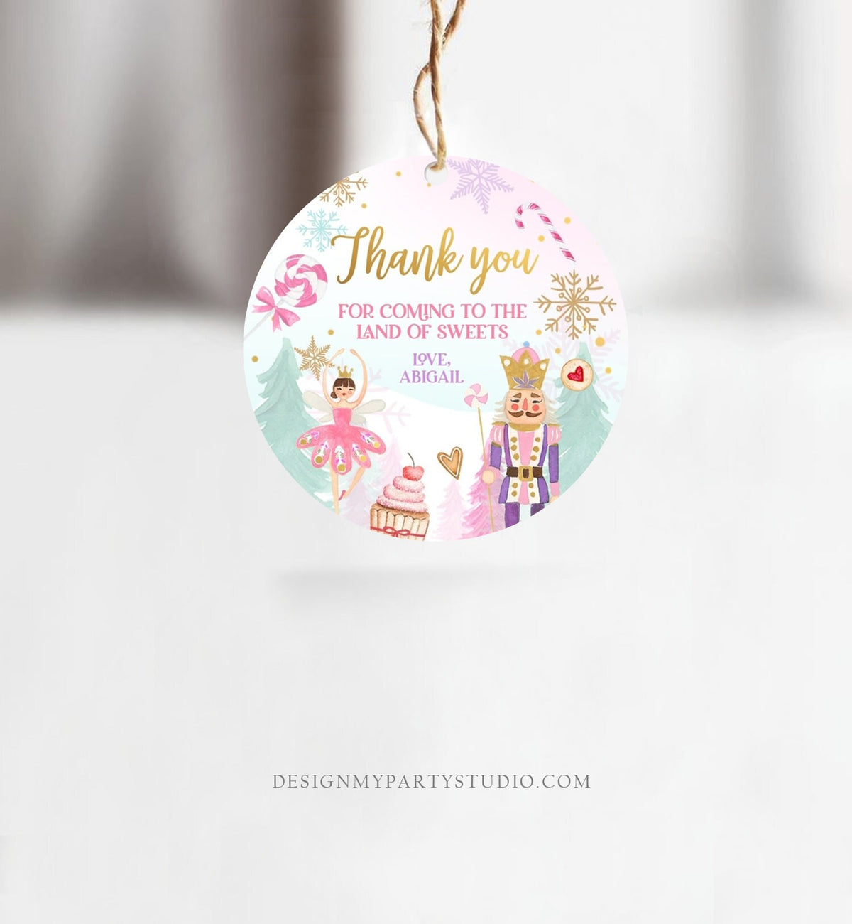 Editable Nutcracker Favor Tag Nutcracker Birthday Land of Sweets Thank You Tag Sugar Plum Fairy Christmas Winter Pink Gold Girl Corjl 0352