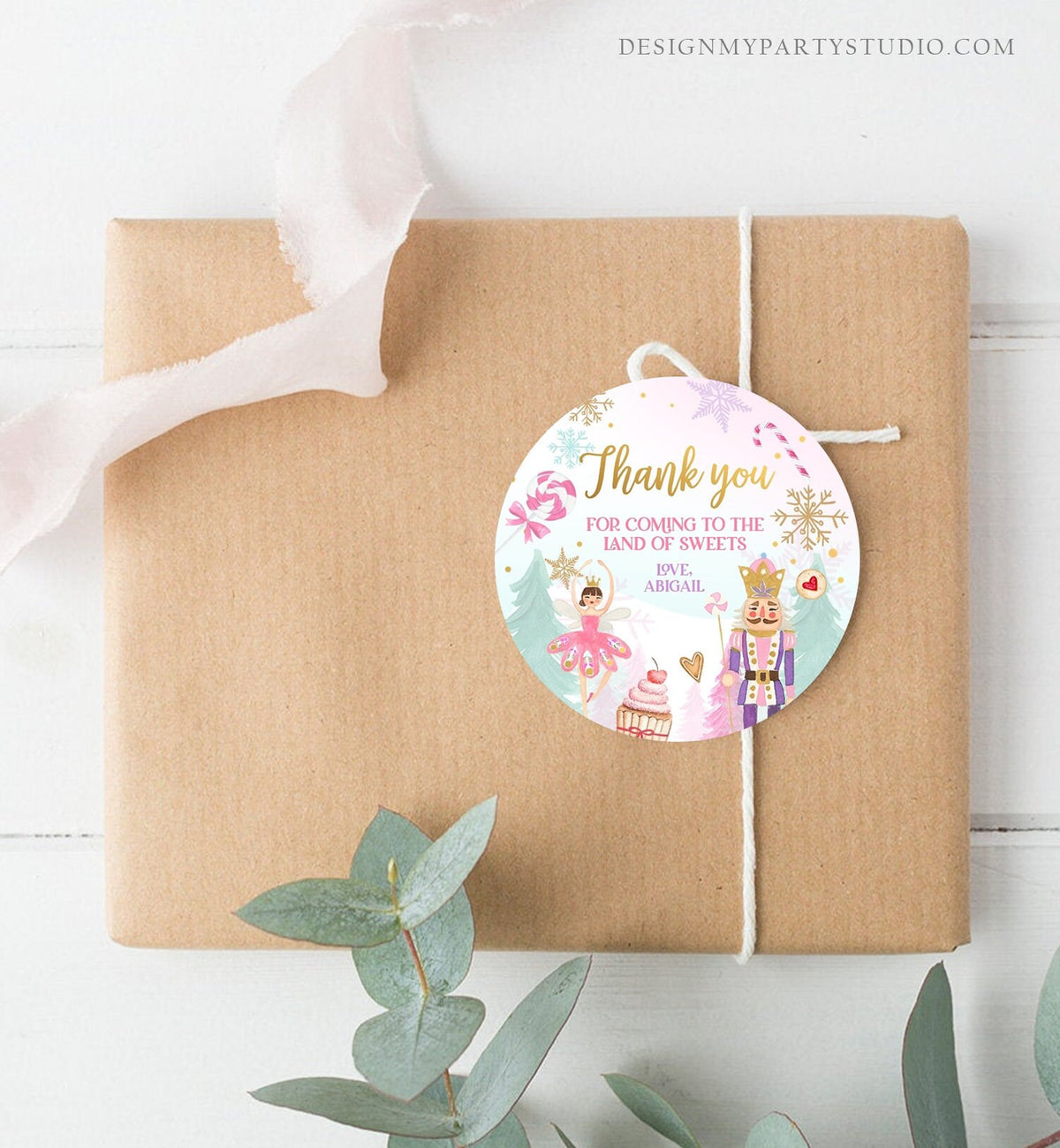 Editable Nutcracker Favor Tag Nutcracker Birthday Land of Sweets Thank You Tag Sugar Plum Fairy Christmas Winter Pink Gold Girl Corjl 0352
