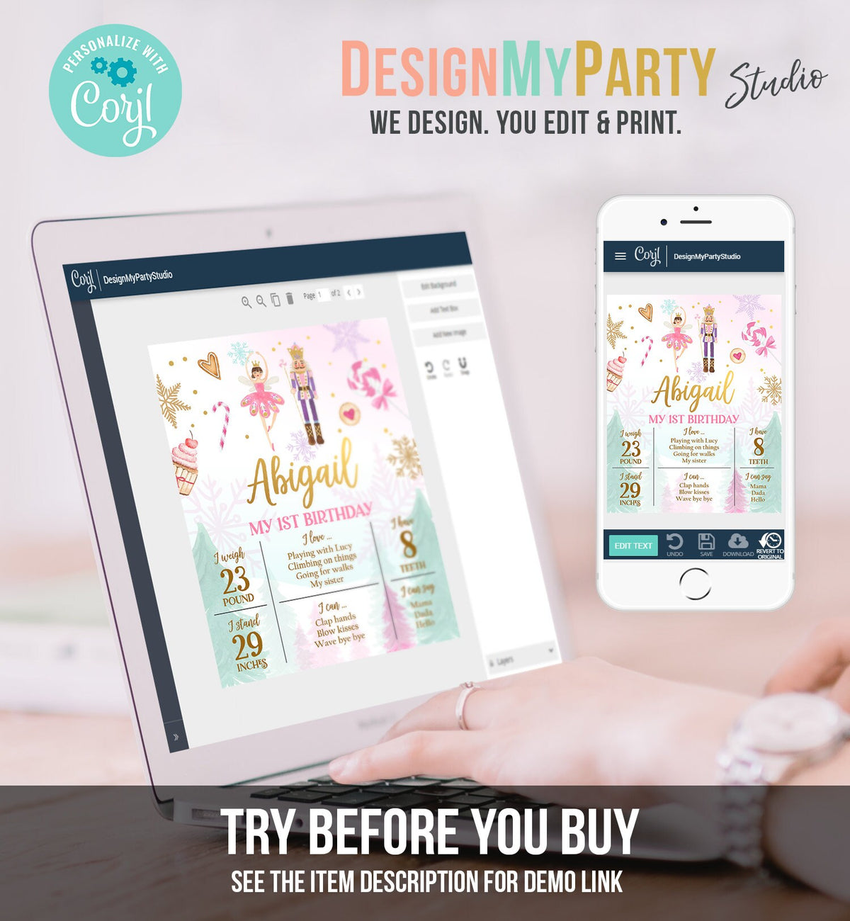 Editable Nutcracker Birthday Milestones Sign Girl First Birthday 1st Birthday Land of Sweets Milestone Board Digital Template Printable 0352