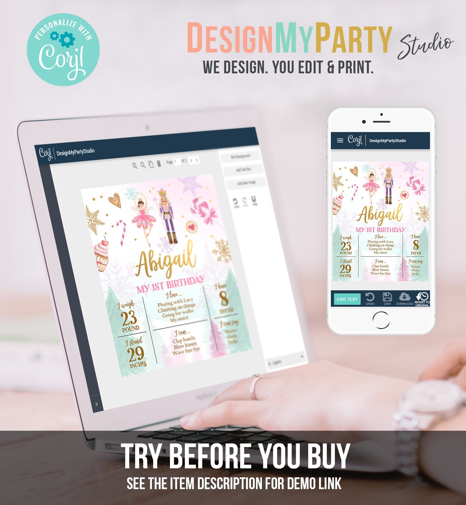 Editable Nutcracker Birthday Milestones Sign Girl First Birthday 1st Birthday Land of Sweets Milestone Board Digital Template Printable 0352