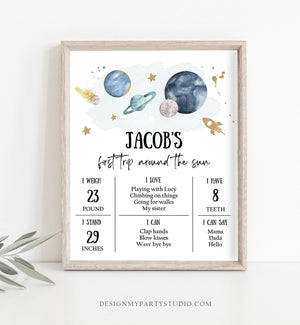 Editable Outer Space Birthday Milestones Sign First Trip Around the Sun Boy 1st Birthday Space Galaxy Planets Template Printable Corjl 0357