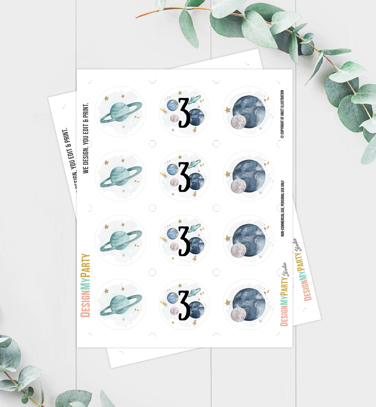 Outer Space Birthday Cupcake Toppers Third Birthday Astronaut Favor Tags Space 3rd Birthday Planets Galaxy Digital Download Printable 0357