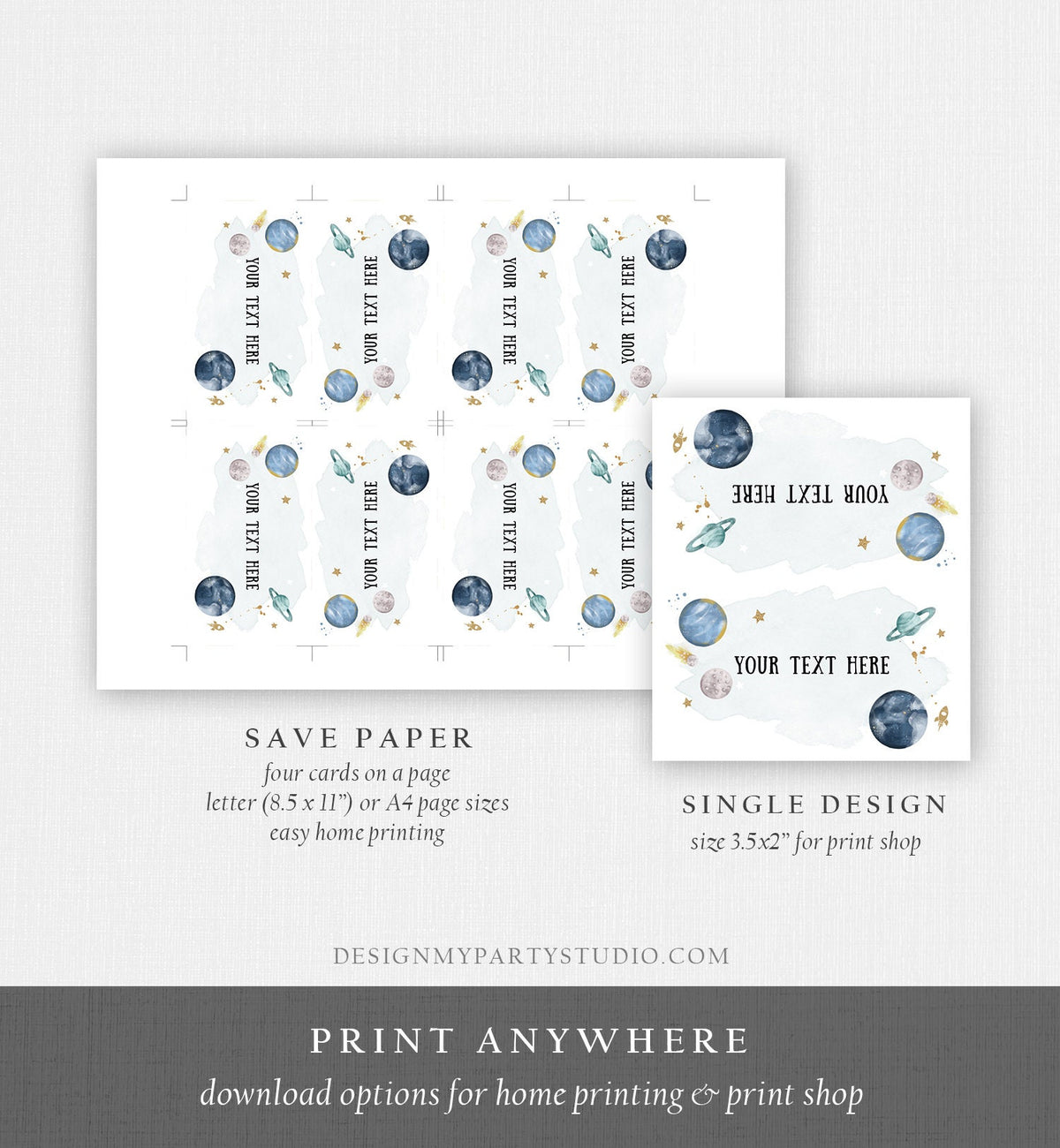 Editable Food Labels Outer Space Birthday Galaxy Food Labels Place Card Tent Card Escort Card Astronaut Around the Sun Template Corjl 0357