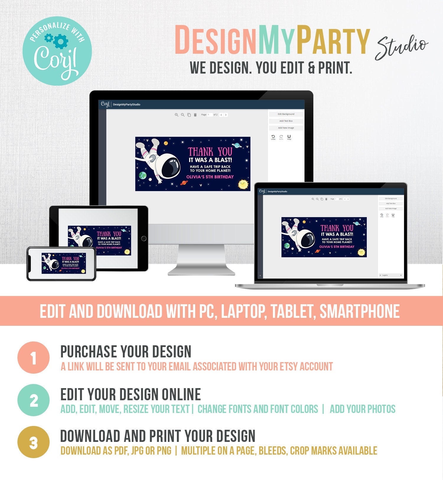 Editable Outer Space Astronaut Treat Bag Toppers Birthday Party Thank You It Was a Blast Sun Houston Girl Digital Template Printable 0259