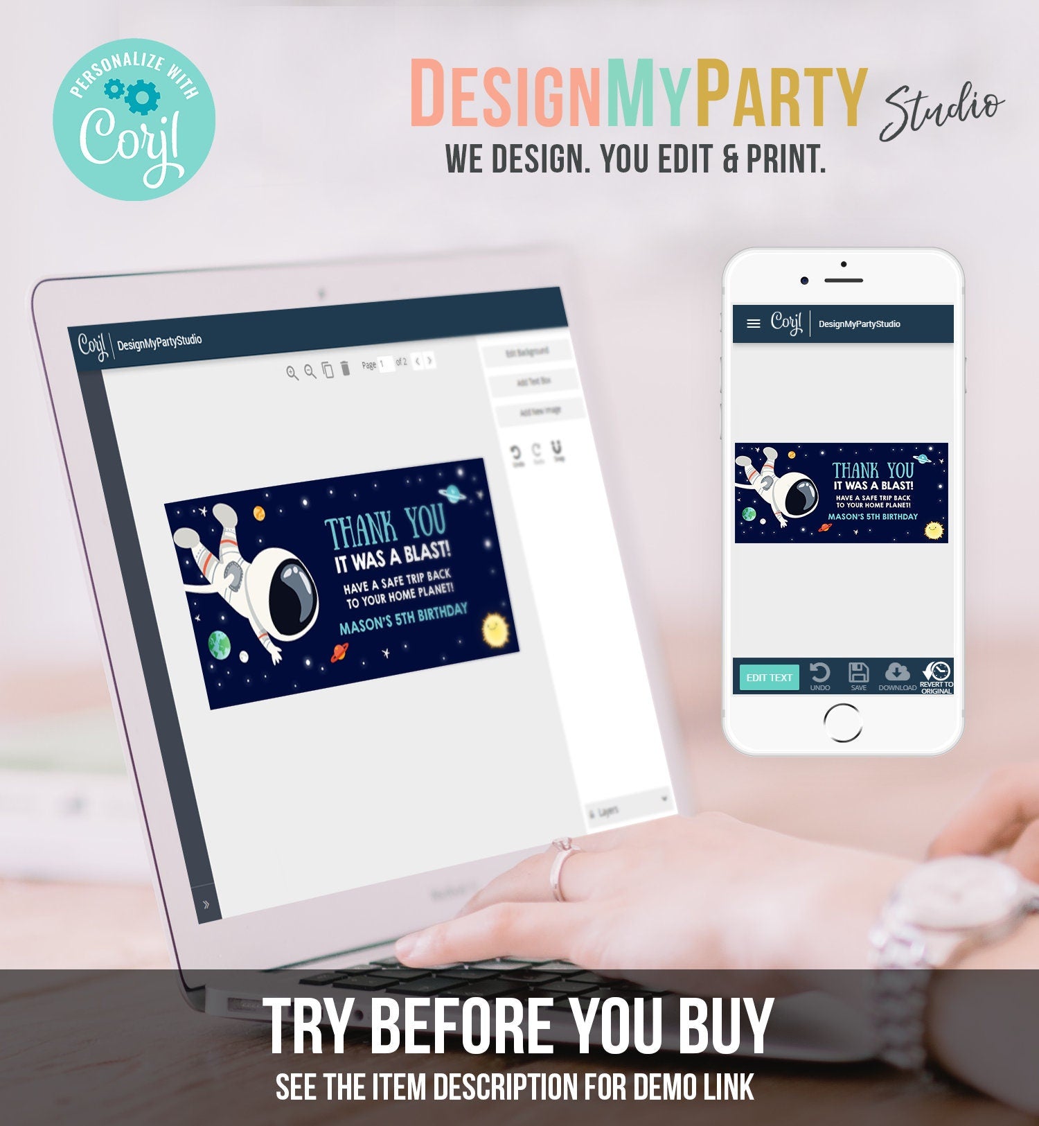 Editable Outer Space Astronaut Treat Bag Toppers Birthday Party Thank You It Was a Blast Sun Houston Boy Blast Off Corjl Template 0259