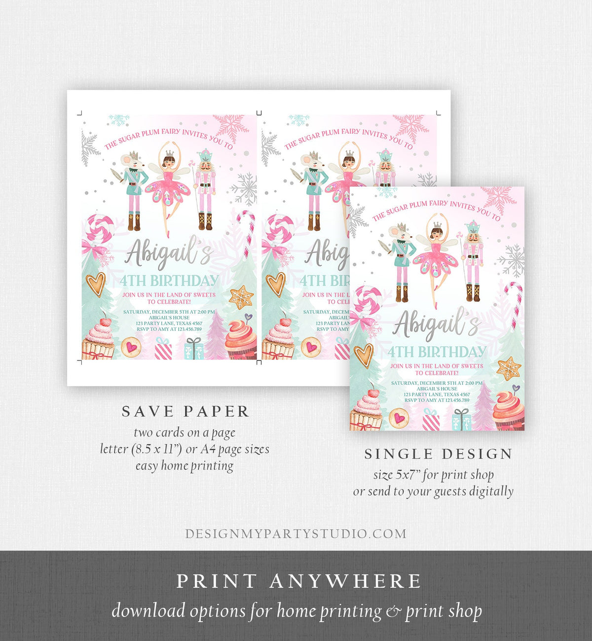 Editable Nutcracker Birthday Invitation Girl Land of Sweets Winter Pink Girl Sugar Plum Fairy Digital Download Template Printable 0352