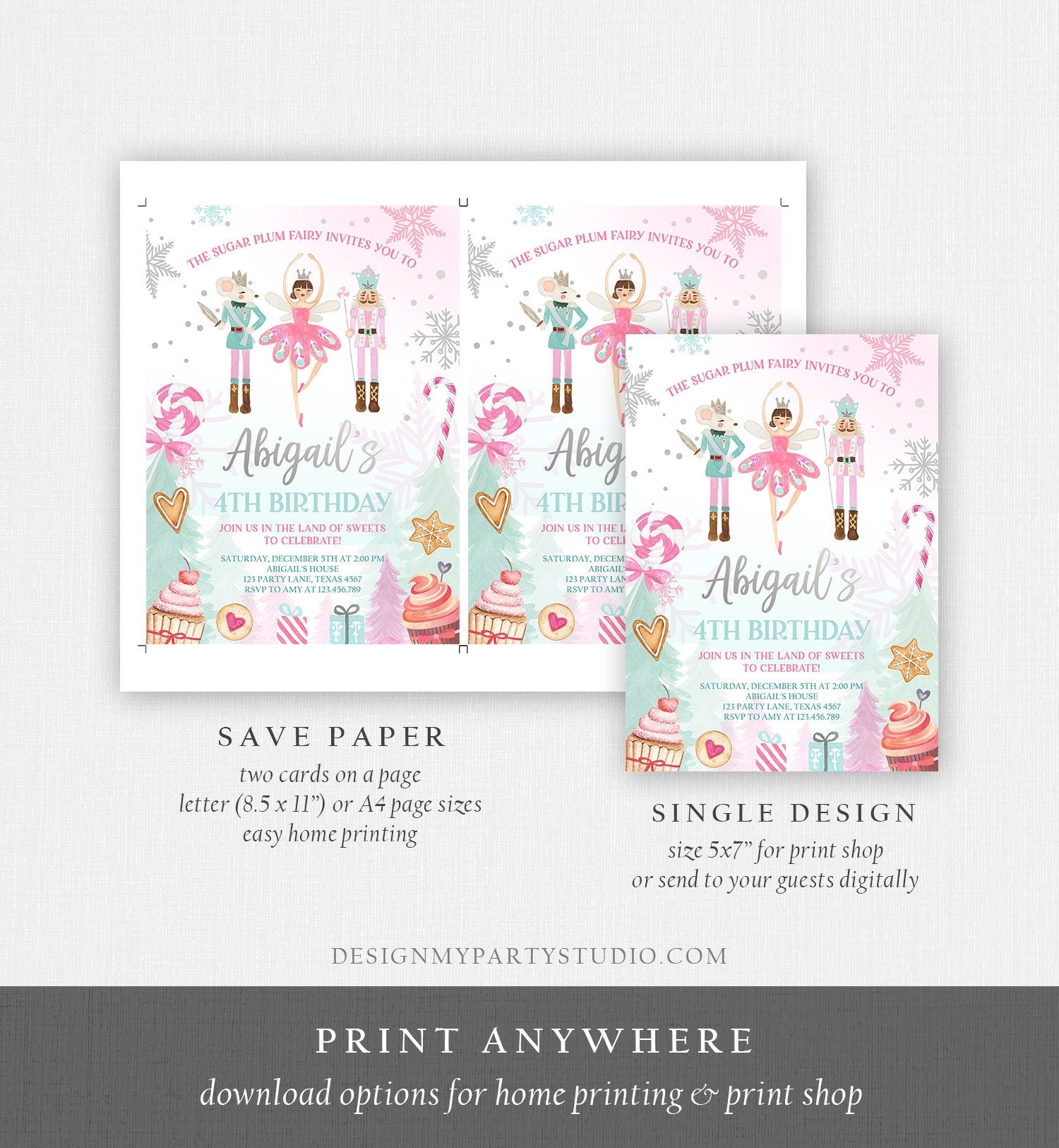 Editable Nutcracker Birthday Invitation Girl Land of Sweets Winter Pink Girl Sugar Plum Fairy Digital Download Template Printable 0352