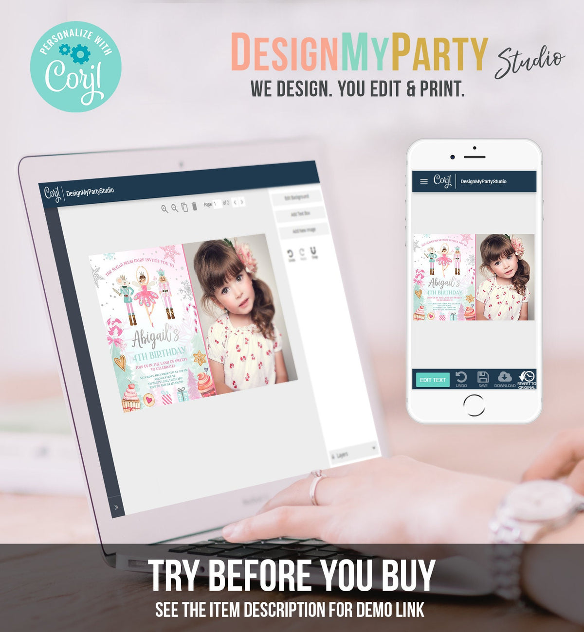 Editable Nutcracker Birthday Invitation Girl Land of Sweets Winter Pink Girl Sugar Plum Fairy Digital Download Template Printable 0352