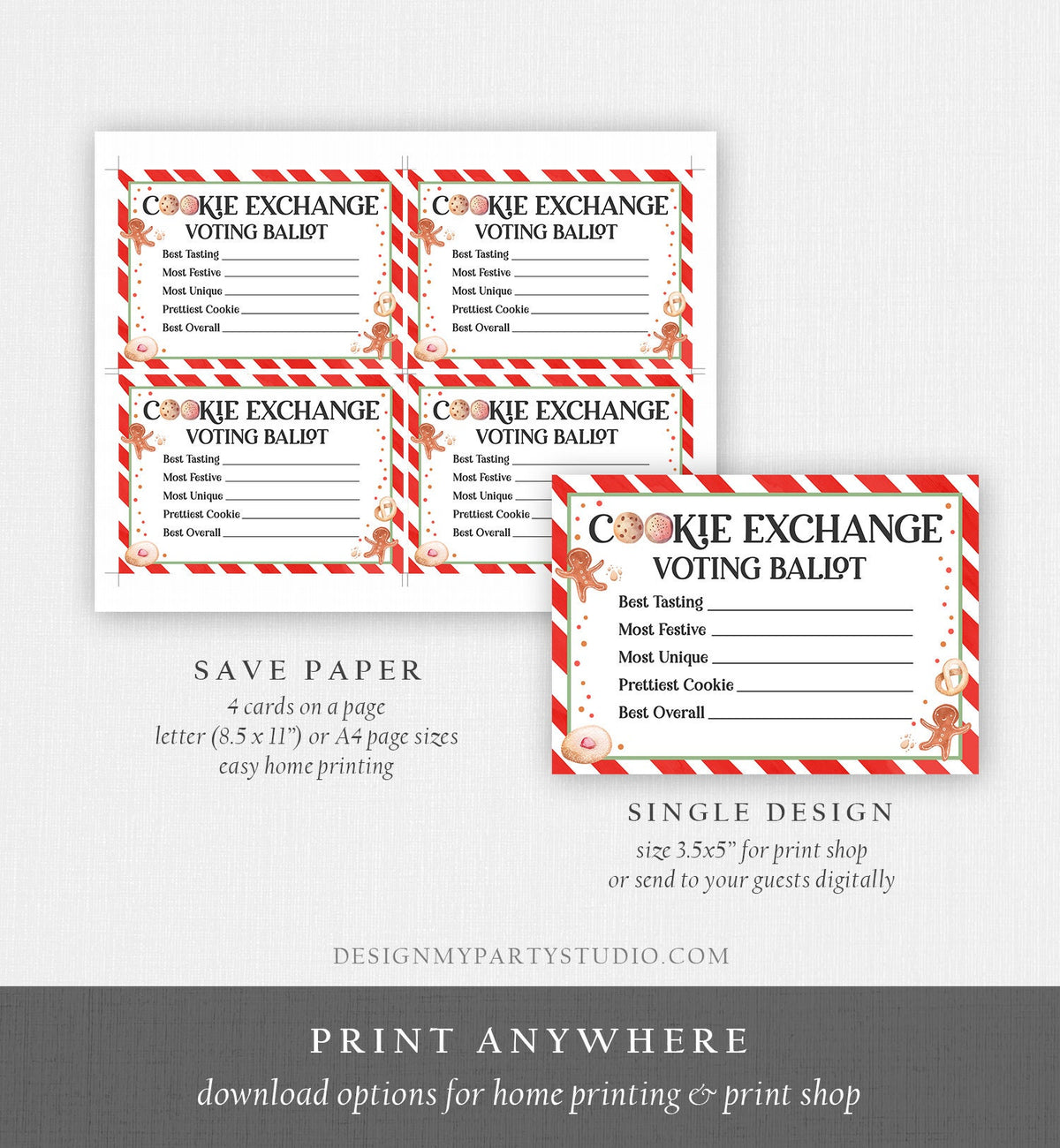 Editable Cookie Exchange Voting Ballots Cookie Vote Cards Christmas Cookie Swap Party Contest Holiday Digital Template Printable 0358