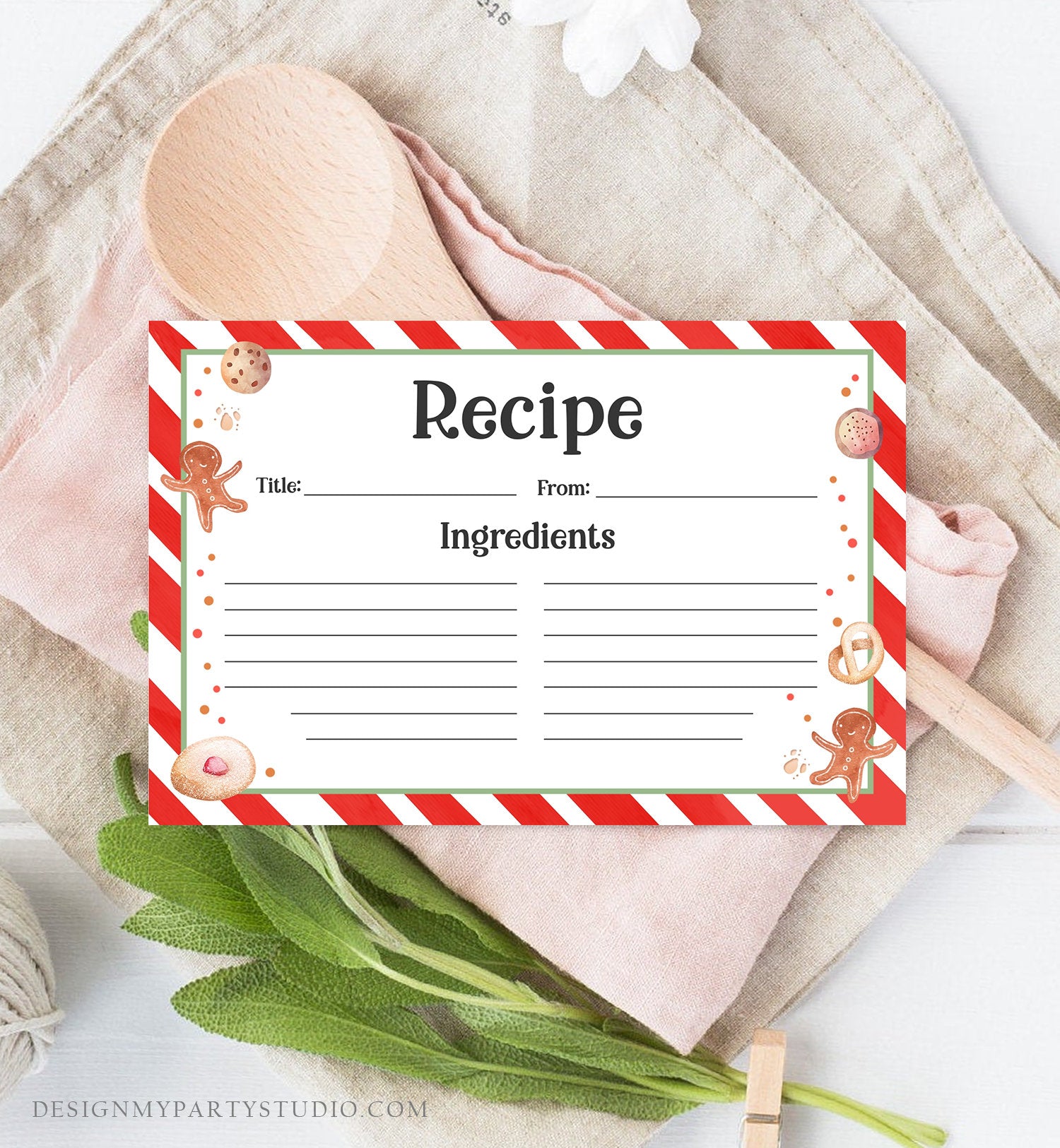 Editable Cookie Recipe Cards Cookie Exchange Christmas Holiday Party Cookies Swap Gingerbread 4x6 5x7 Download Corjl Template Printable 0358