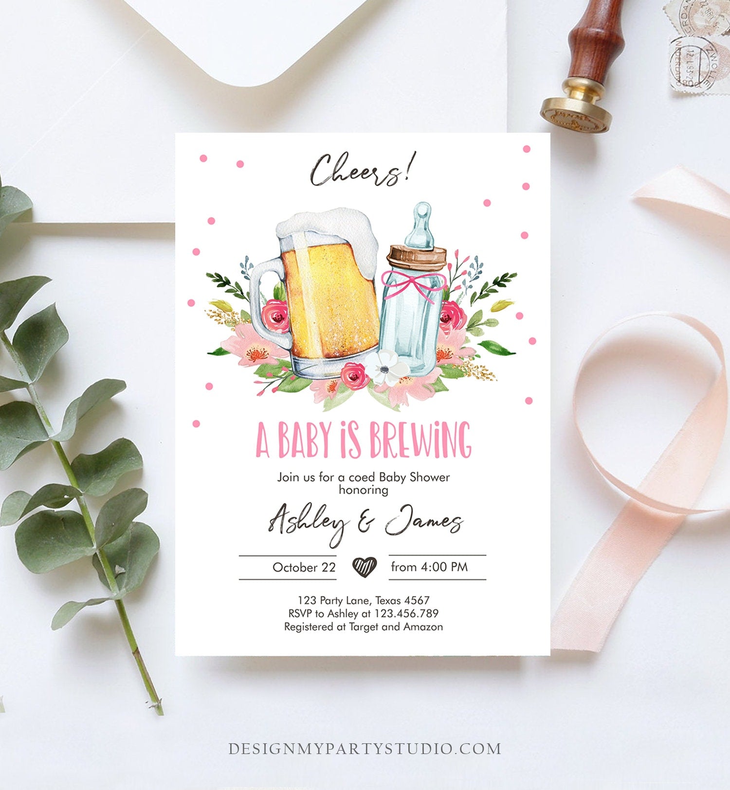Editable A Baby is Brewing Invitation Bottle and Beers Baby Shower Girl Cheers Coed Couples Shower Download Printable Template Corjl 0190