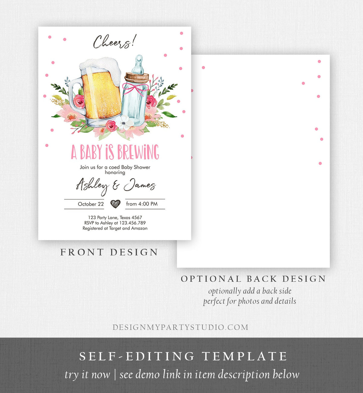 Editable A Baby is Brewing Invitation Bottle and Beers Baby Shower Girl Cheers Coed Couples Shower Download Printable Template Corjl 0190