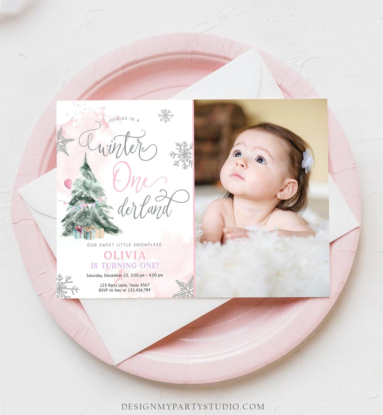 Editable Winter ONEderland Birthday Invitation First Birthday 1st Girl Pink Snow Watercolor Tree Christmas Snowflake Corjl Template 0363