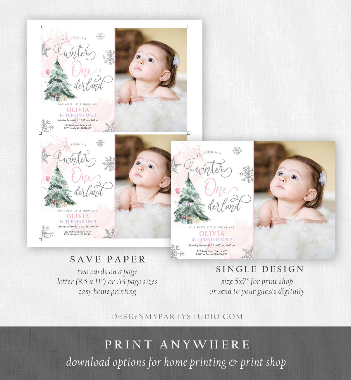 Editable Winter ONEderland Birthday Invitation First Birthday 1st Girl Pink Snow Watercolor Tree Christmas Snowflake Corjl Template 0363