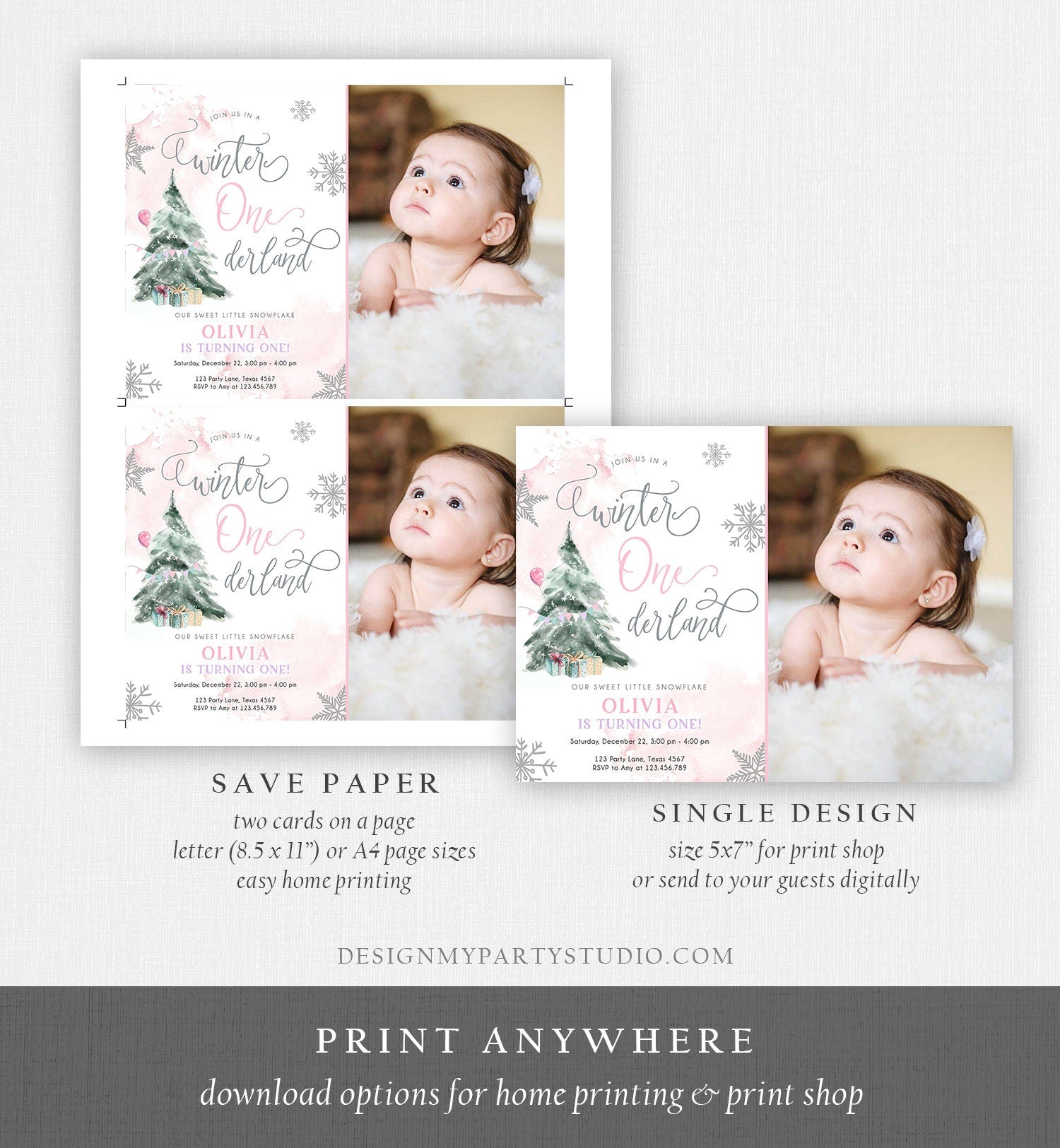 Editable Winter ONEderland Birthday Invitation First Birthday 1st Girl Pink Snow Watercolor Tree Christmas Snowflake Corjl Template 0363