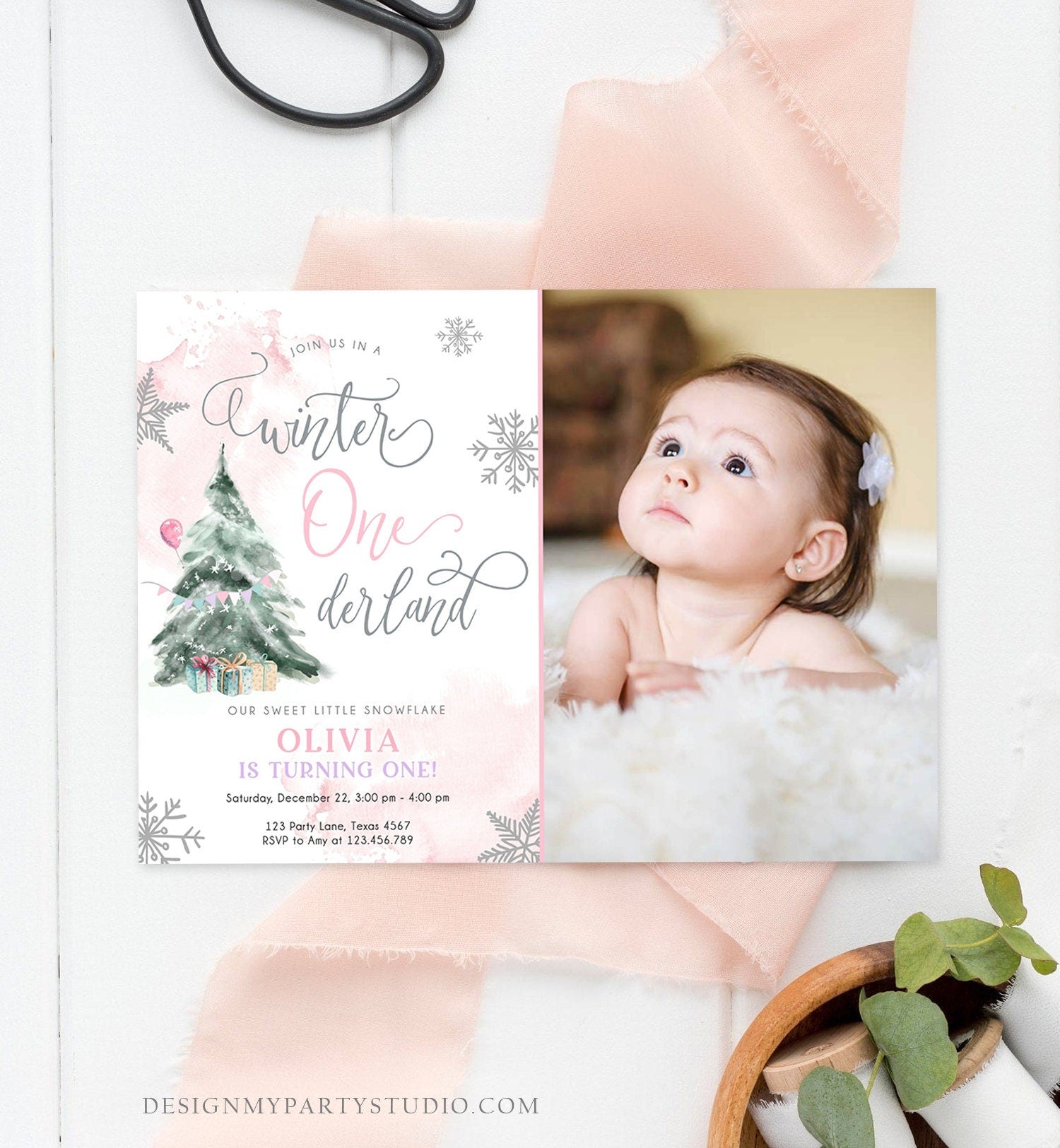 Editable Winter ONEderland Birthday Invitation First Birthday 1st Girl Pink Snow Watercolor Tree Christmas Snowflake Corjl Template 0363