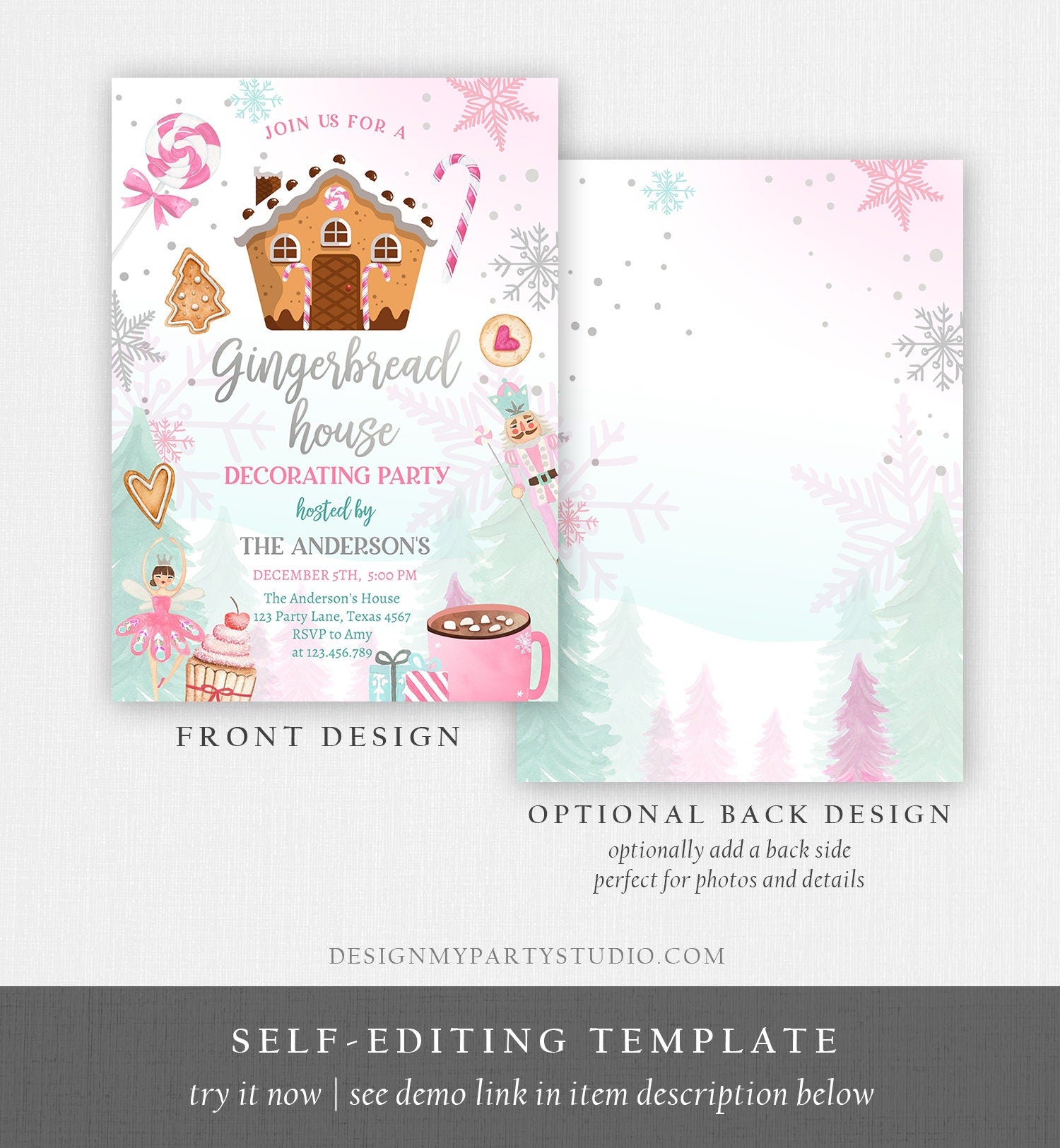 Editable Gingerbread House Decorating Party Invitation Land of Sweets Pink Silver Cookie Decorating Digital Download Template Printable 0352