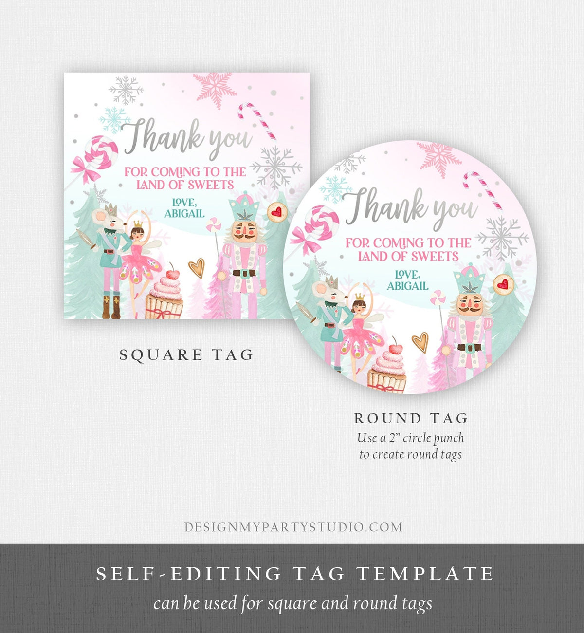 Editable Nutcracker Favor Tag Nutcracker Birthday Land of Sweets Thank You Sugar Plum Fairy Christmas Winter Pink Silver Girl Printable 0352