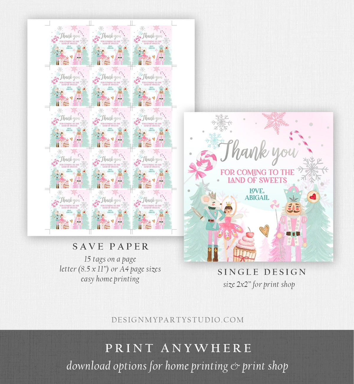 Editable Nutcracker Favor Tag Nutcracker Birthday Land of Sweets Thank You Sugar Plum Fairy Christmas Winter Pink Silver Girl Printable 0352