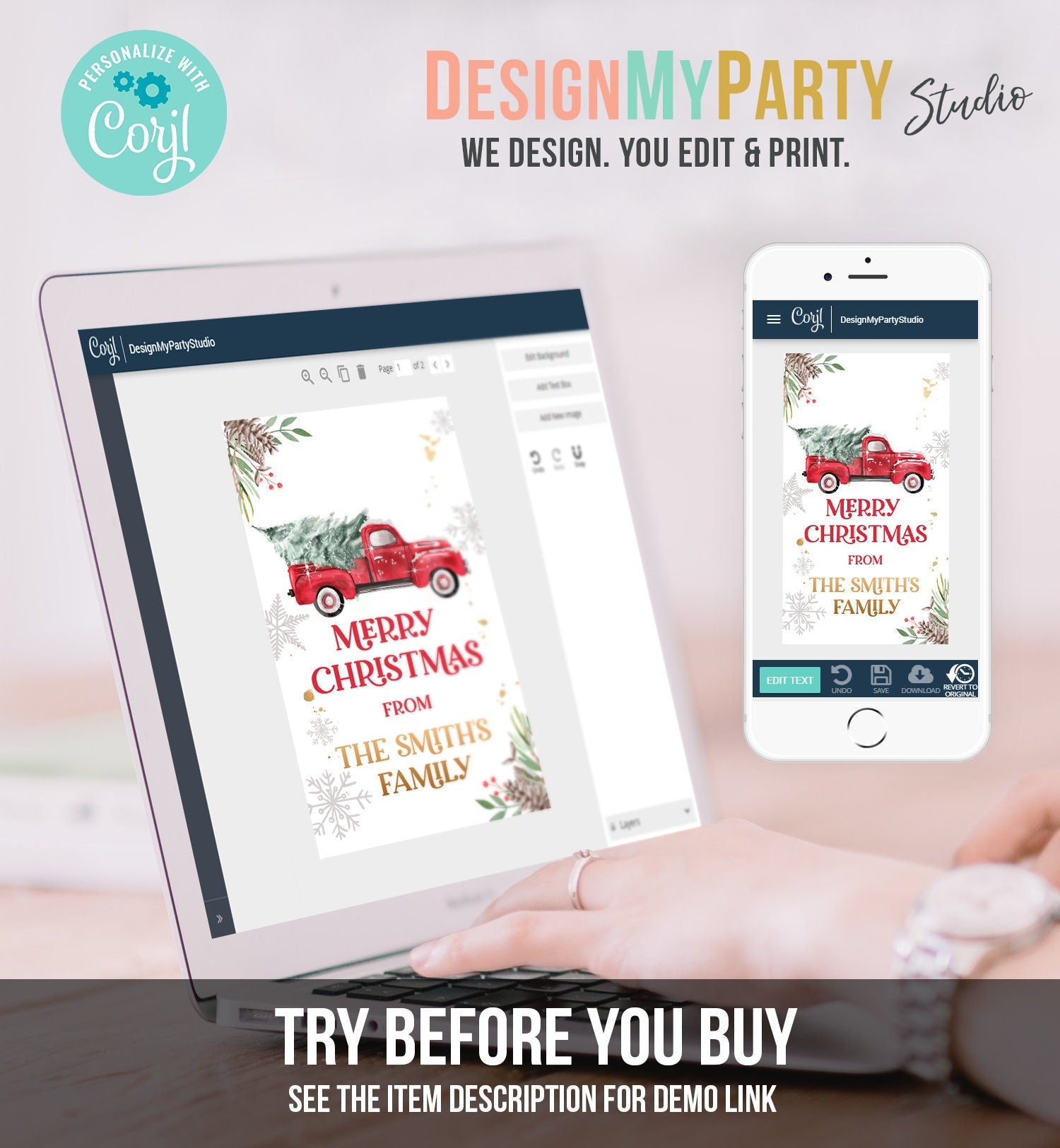 Editable Merry Christmas Favor Tag Winter Red Truck Holidays Baby Bridal Shower Thank You Gift Digital Download Template Printable 0356
