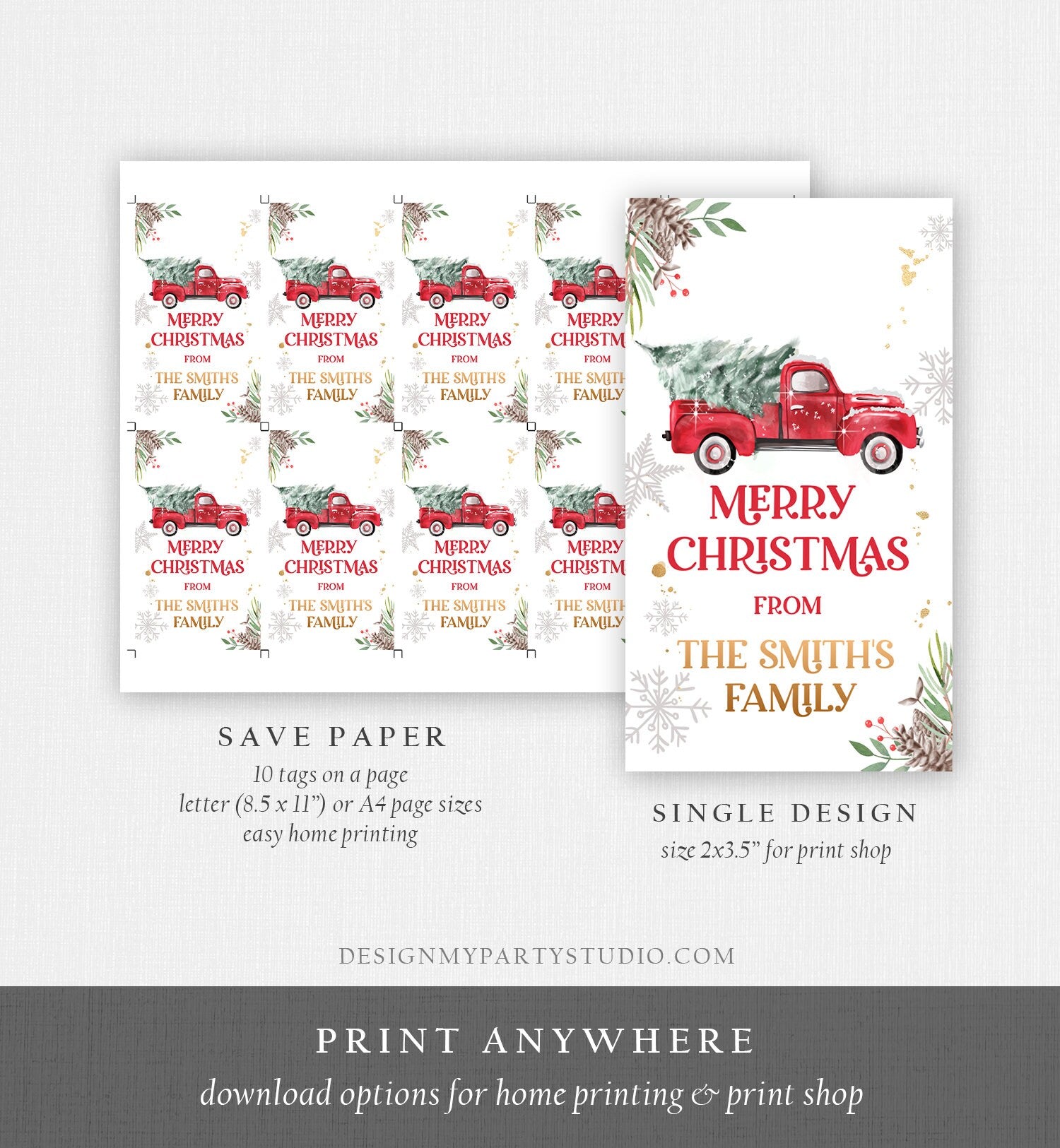 Editable Merry Christmas Favor Tag Winter Red Truck Holidays Baby Bridal Shower Thank You Gift Digital Download Template Printable 0356