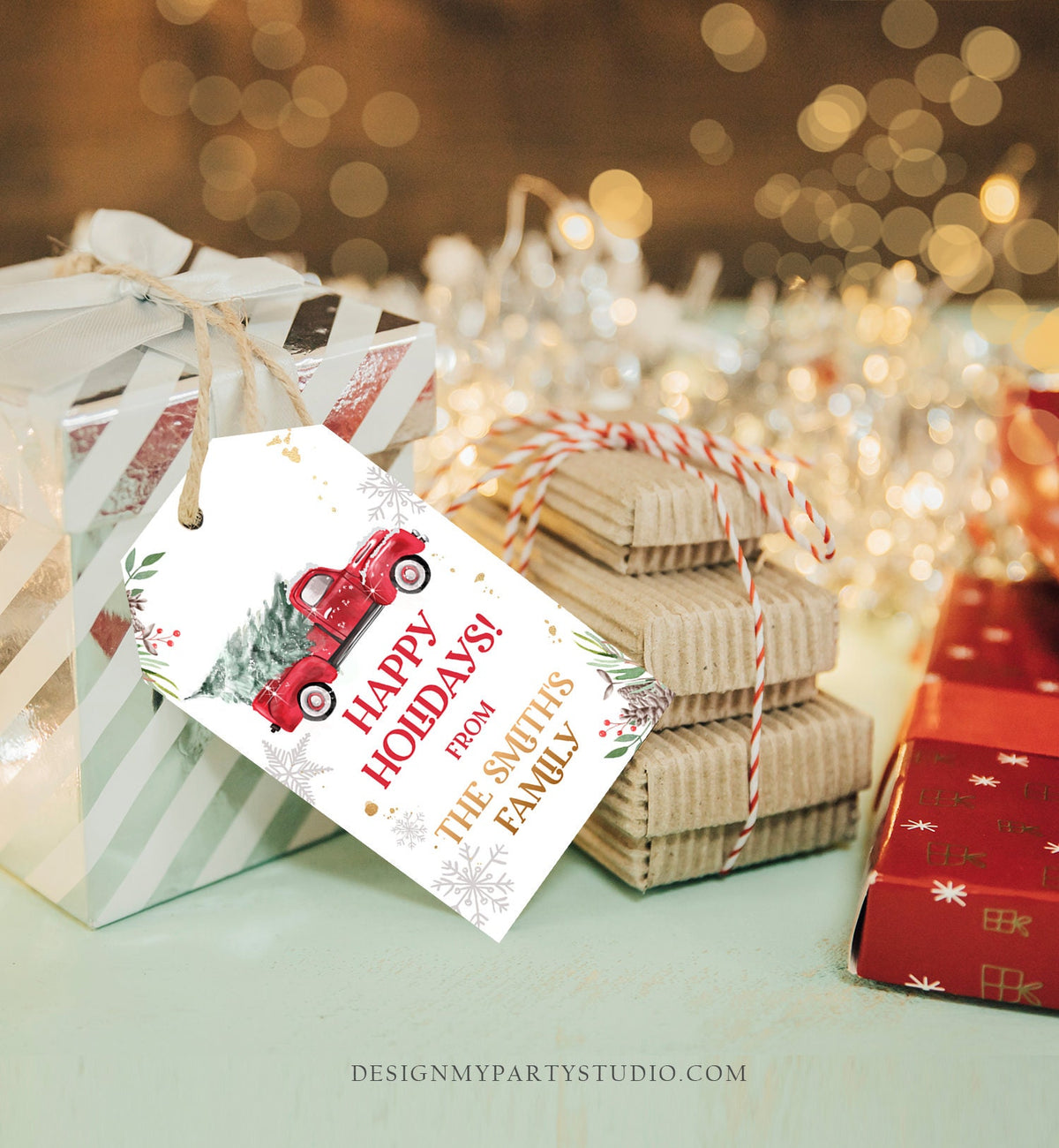 Editable Happy Holidays Favor Tag Winter Red Truck Christmas Baby Bridal Shower Thank You Gift Digital Download Template Printable 0356