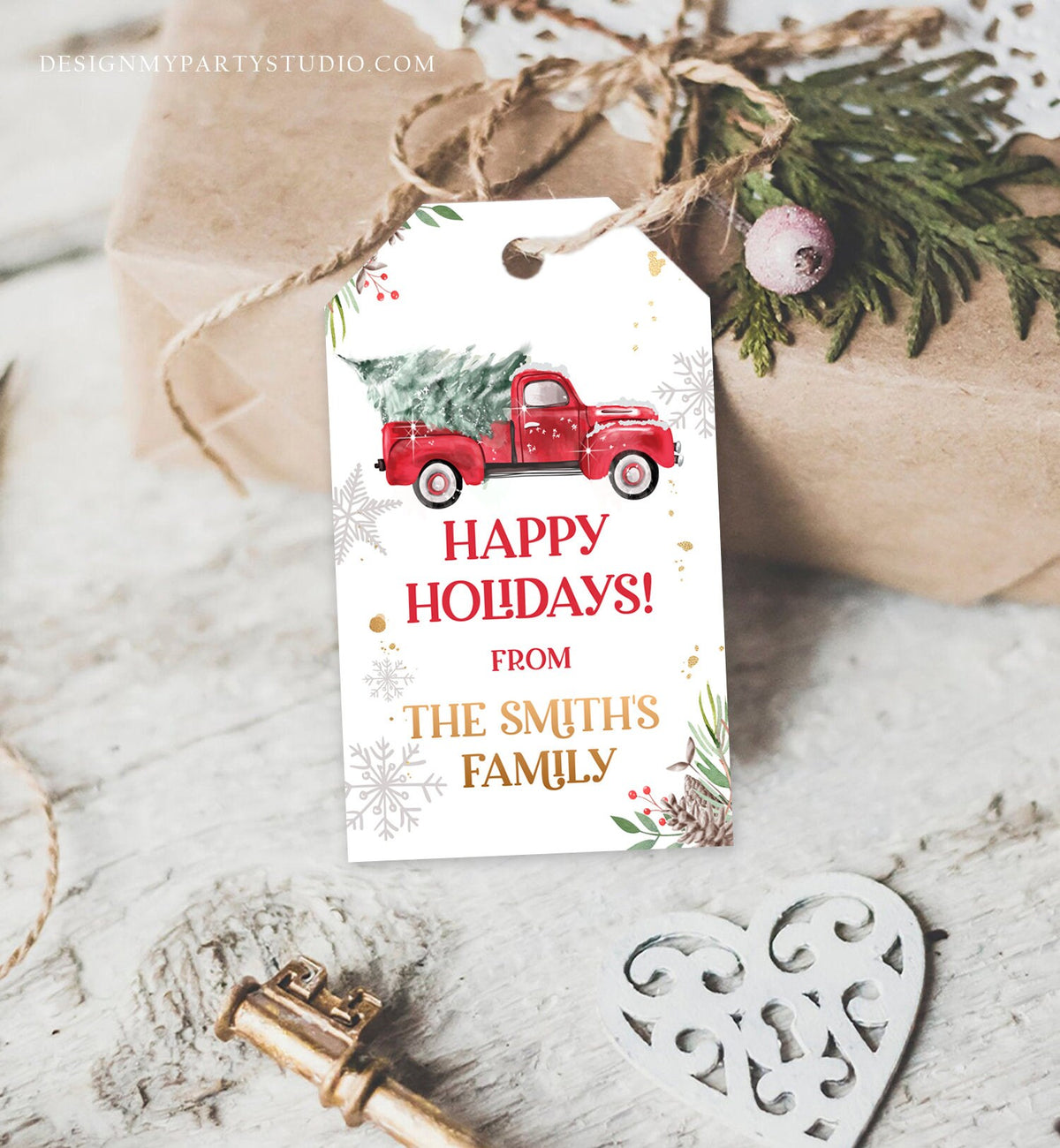 Editable Happy Holidays Favor Tag Winter Red Truck Christmas Baby Bridal Shower Thank You Gift Digital Download Template Printable 0356