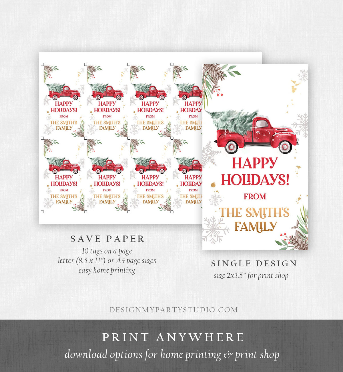 Editable Happy Holidays Favor Tag Winter Red Truck Christmas Baby Bridal Shower Thank You Gift Digital Download Template Printable 0356