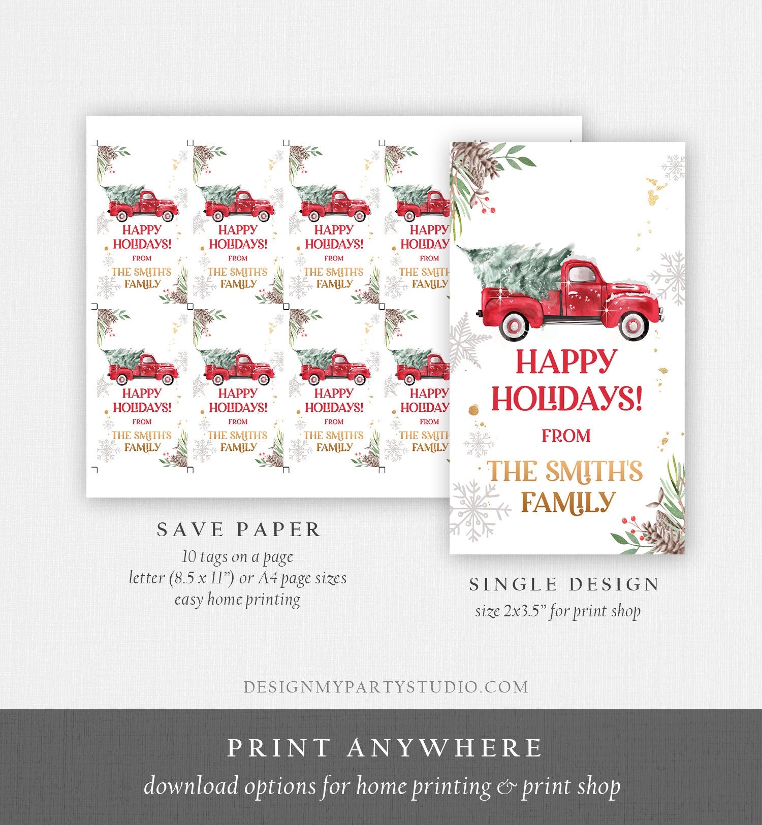 Editable Happy Holidays Favor Tag Winter Red Truck Christmas Baby Bridal Shower Thank You Gift Digital Download Template Printable 0356