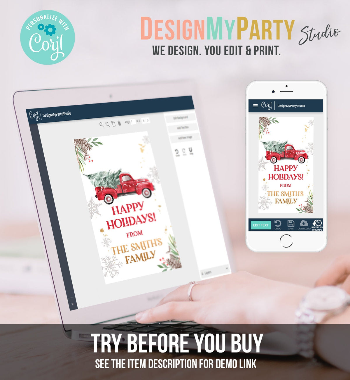 Editable Happy Holidays Favor Tag Winter Red Truck Christmas Baby Bridal Shower Thank You Gift Digital Download Template Printable 0356