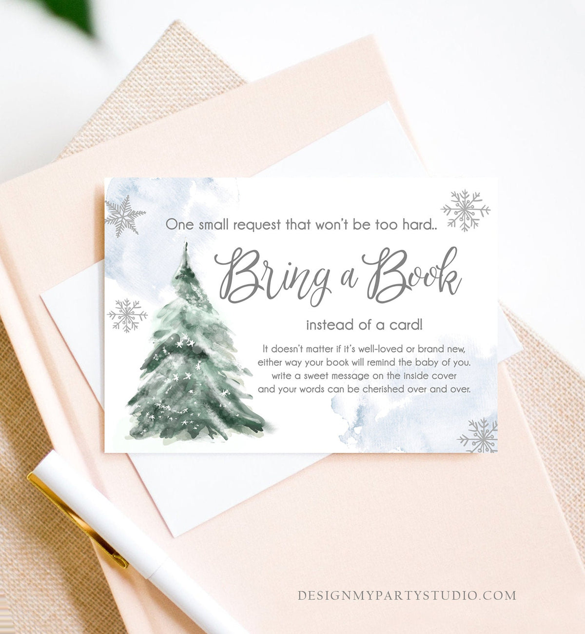 Editable Bring a Book Card Baby It&#39;s Cold Outside Baby Shower Winter Snow Boy Watercolor Books Baby Request Corjl Template Printable 0363