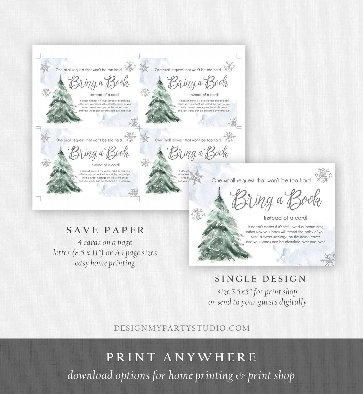 Editable Bring a Book Card Baby It&#39;s Cold Outside Baby Shower Winter Snow Boy Watercolor Books Baby Request Corjl Template Printable 0363