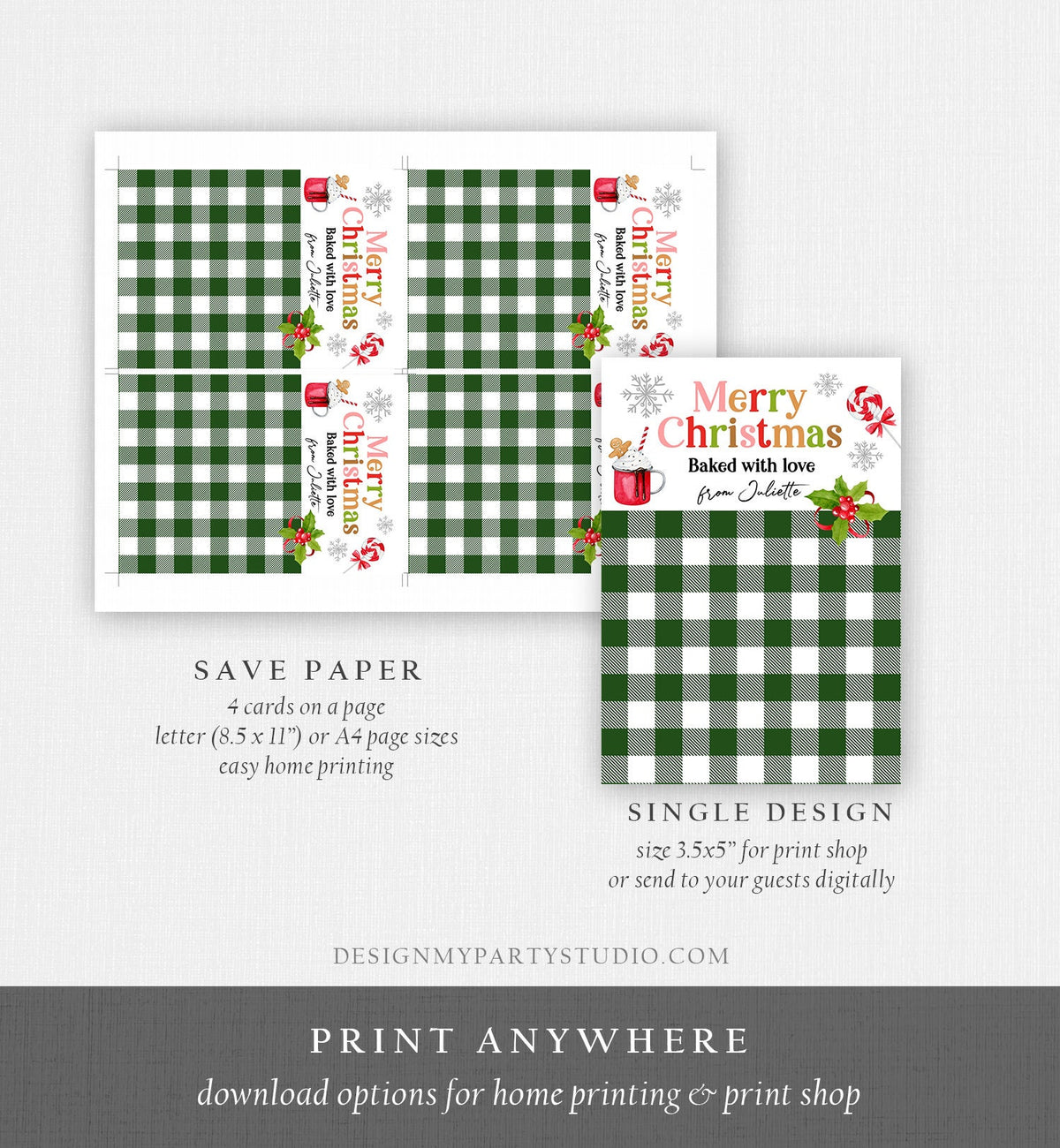 Editable Personalized Cookie Card Merry Christmas Cookie Card Gift Tag Mini Cookie Packaging Printable Instant Download Template Corjl 0358