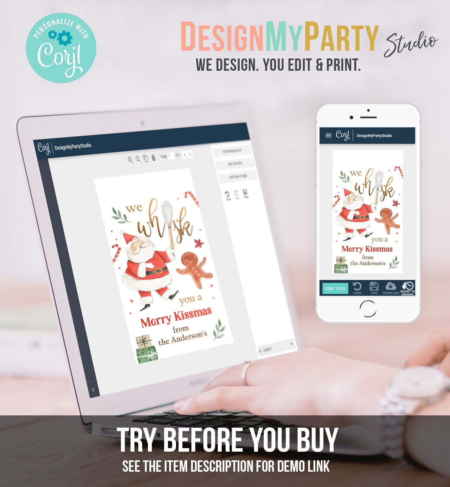 Editable We Whisk you a Merry Kissmas Tag Christmas Whisk Gift Tag Baking Tag Santa Holiday Favor Digital Download Template Printable 0443