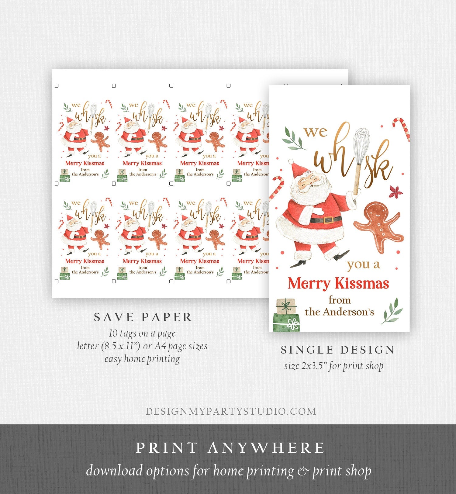 Editable We Whisk you a Merry Kissmas Tag Christmas Whisk Gift Tag Baking Tag Santa Holiday Favor Digital Download Template Printable 0443