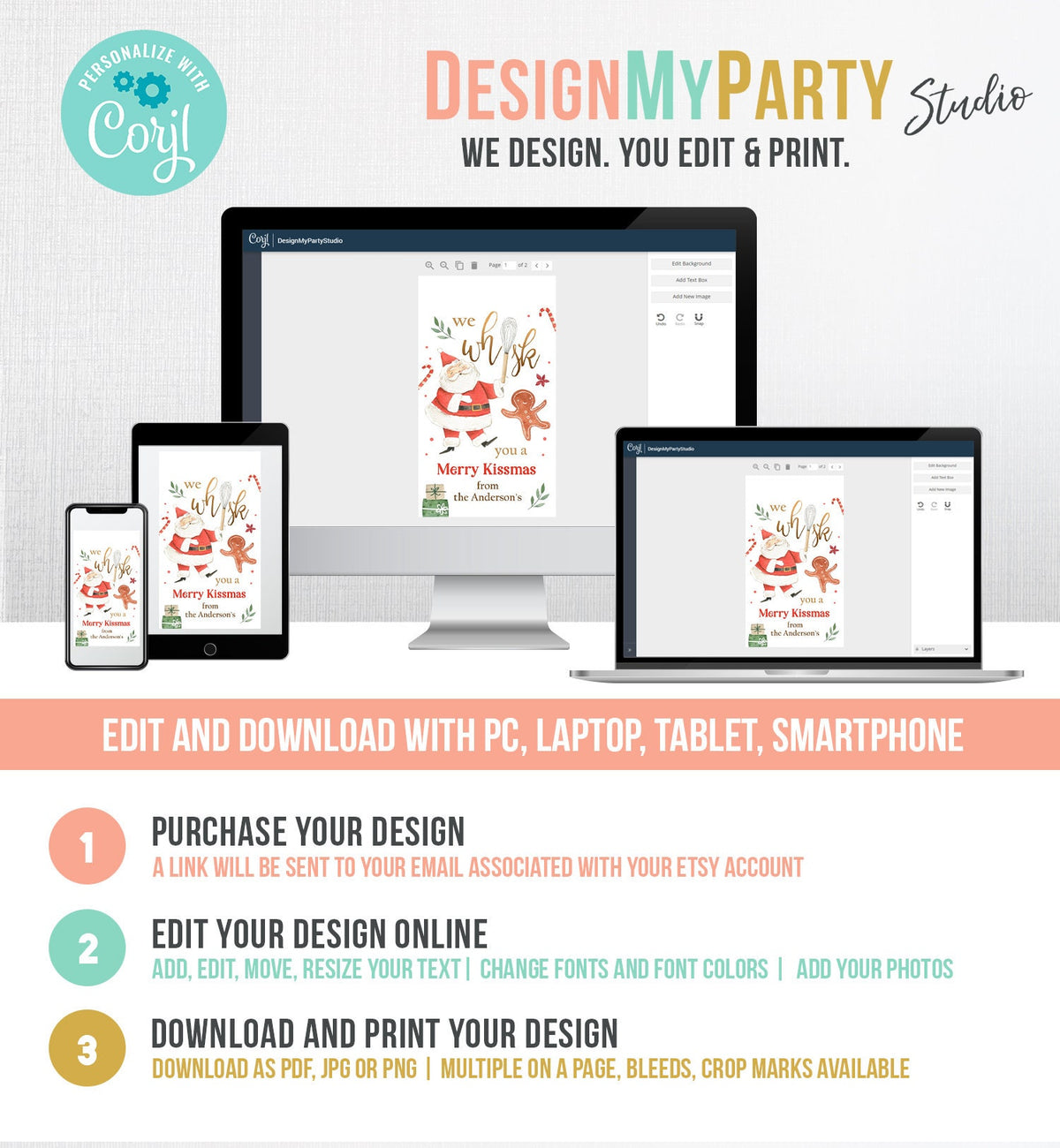 Editable We Whisk you a Merry Kissmas Tag Christmas Whisk Gift Tag Baking Tag Santa Holiday Favor Digital Download Template Printable 0443