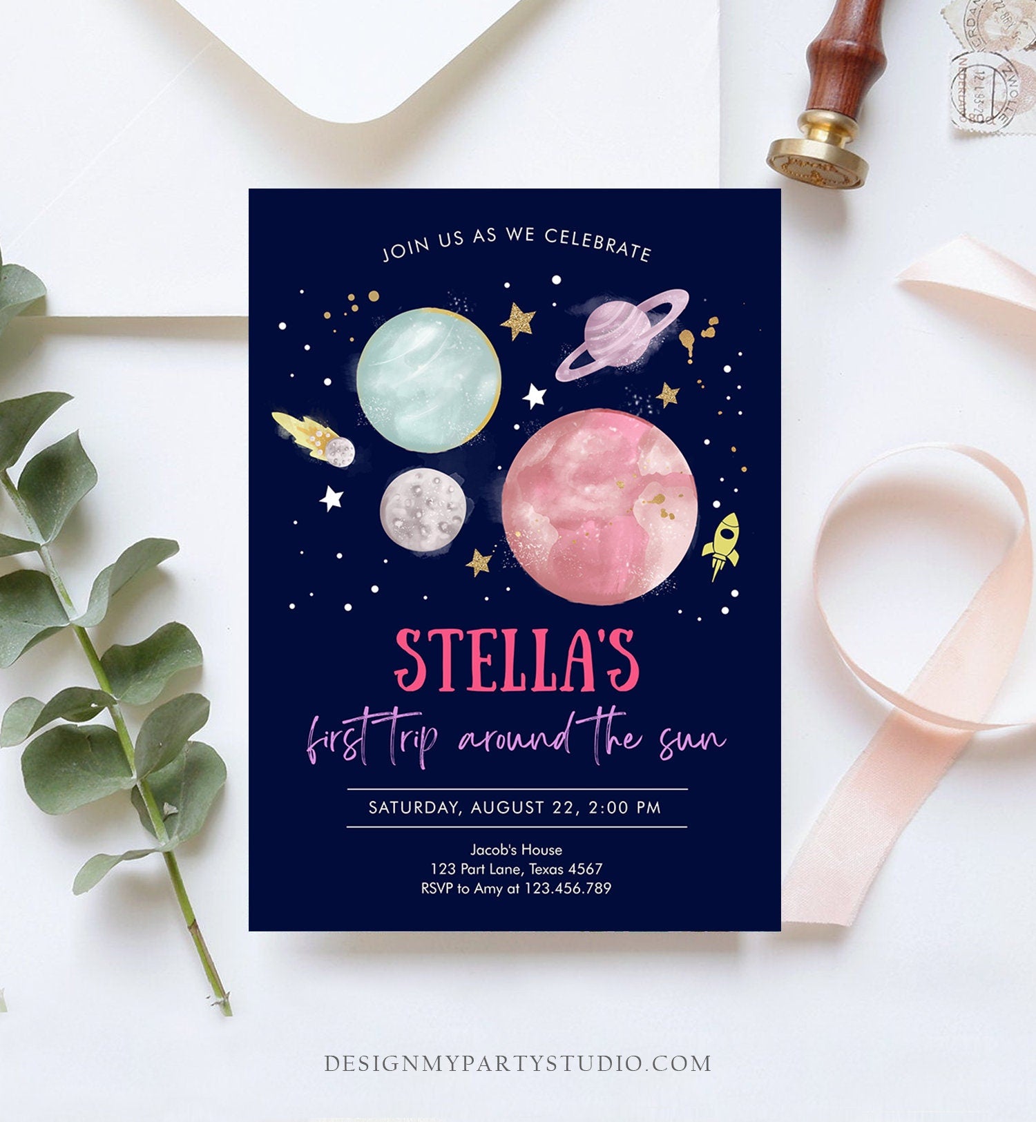 Editable Outer Space Girl First Birthday Invitation Galaxy Blast Off First Trip Around the Sun Pink Digital Evite Template Printable 0357