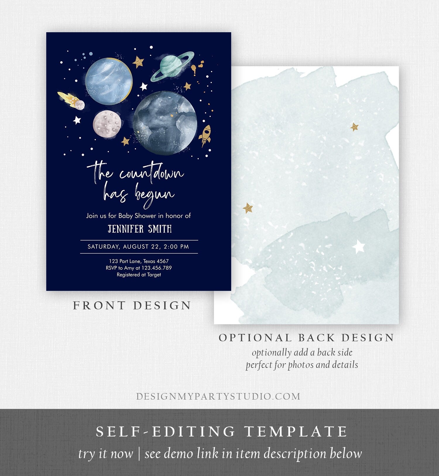 Editable Space Baby Shower Invitation Galaxy Outer Space It's a Boy Blue Planets Moon Countdown Digital Download Template Printable 0357