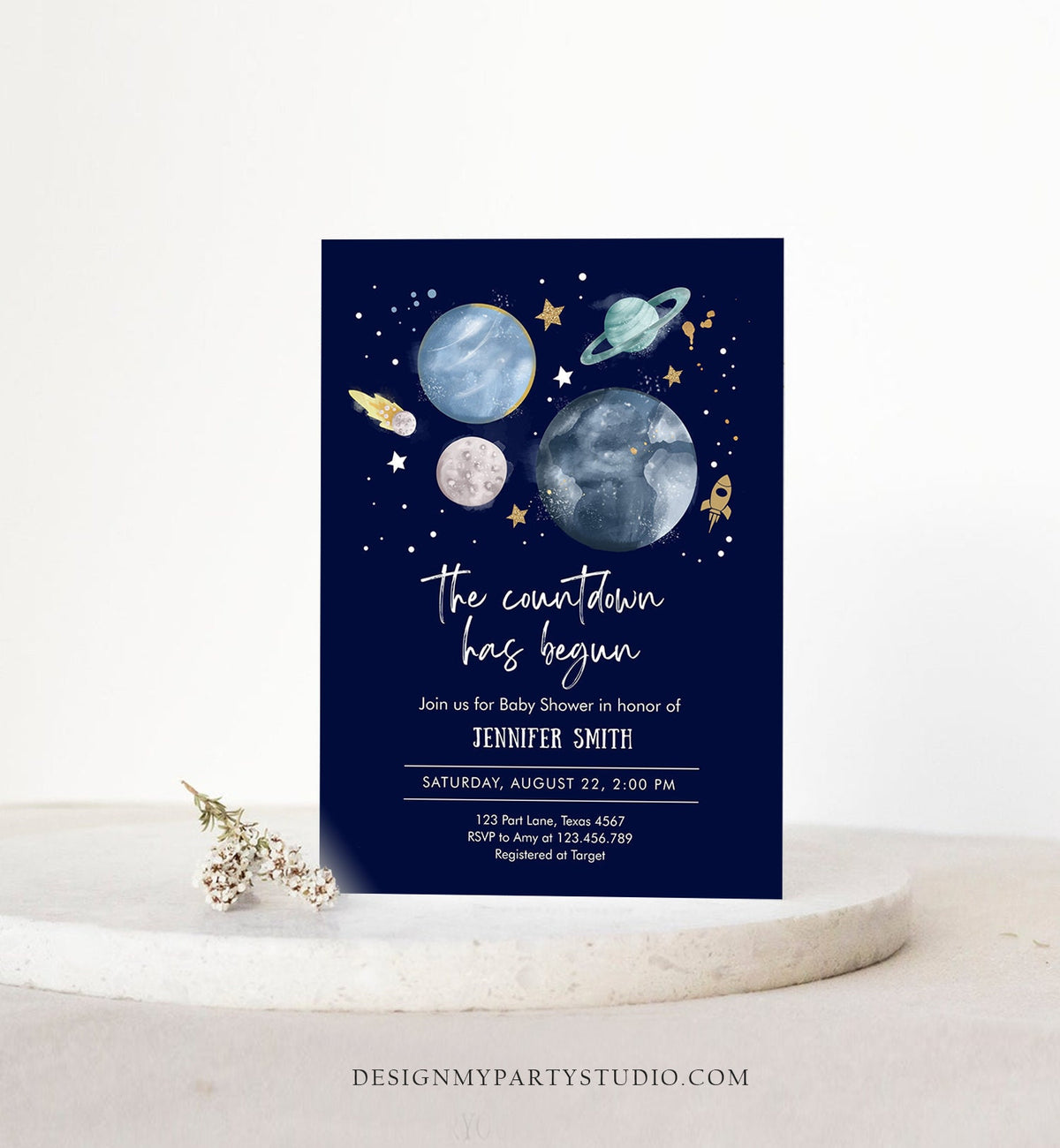 Editable Space Baby Shower Invitation Galaxy Outer Space It&#39;s a Boy Blue Planets Moon Countdown Digital Download Template Printable 0357