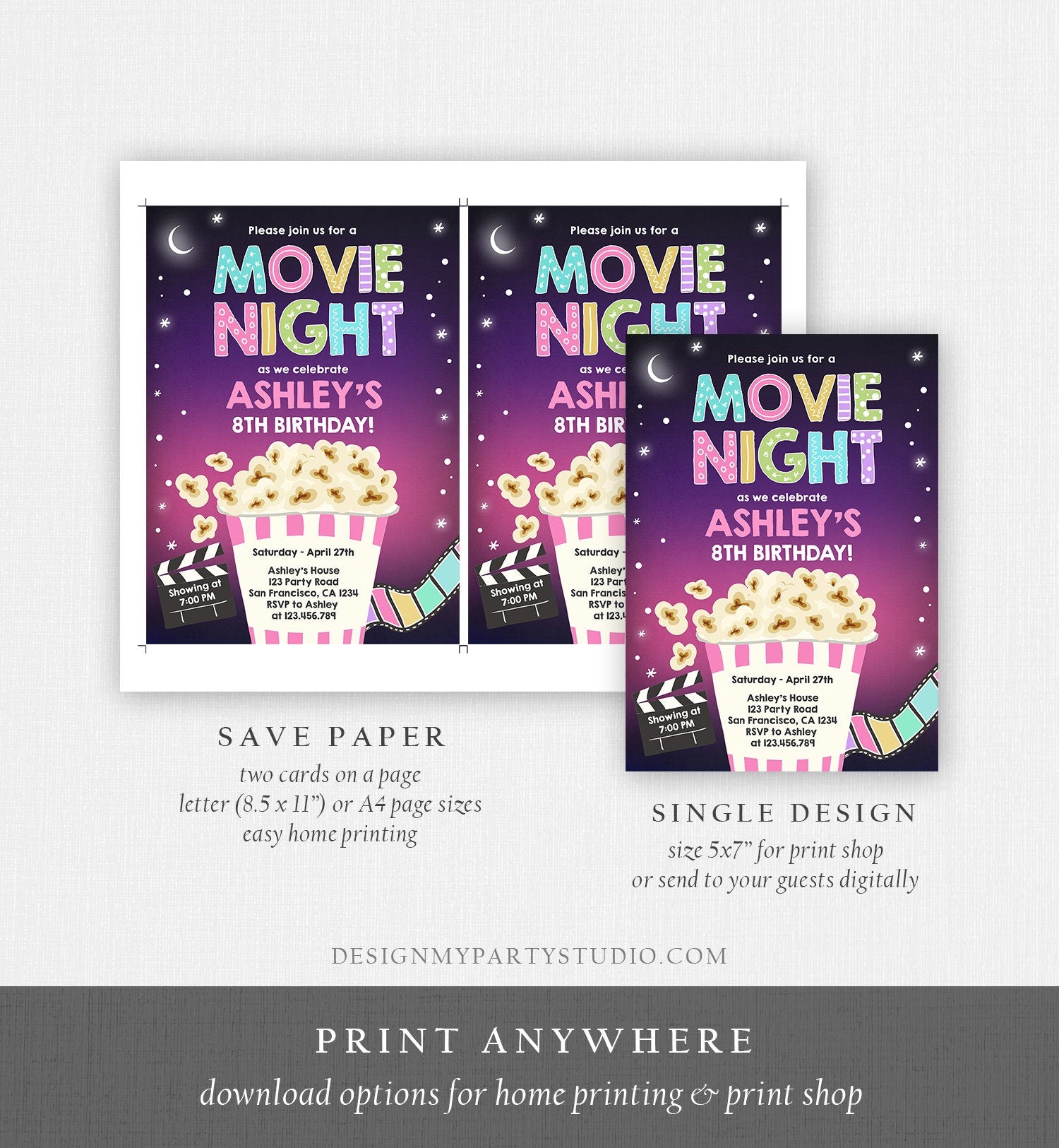 Editable Movie Night Birthday Invitation Girl Backyard Outdoor Movie Under The Stars Cinema Popcorn Sleepover Party Corjl Template 0367