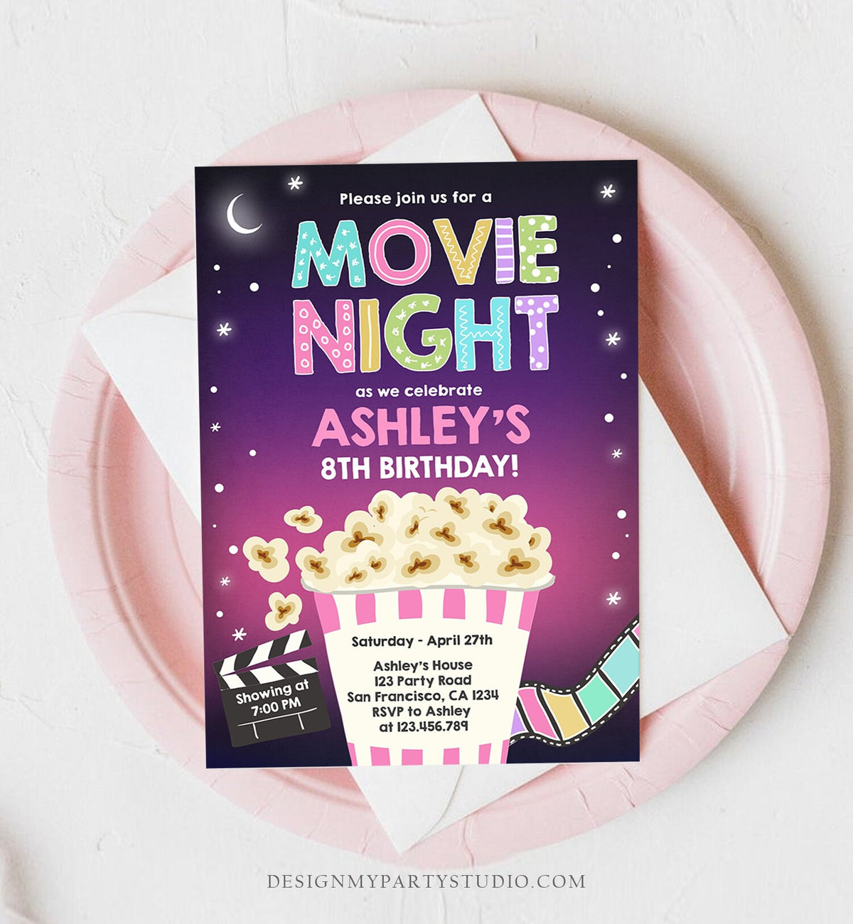 Editable Movie Night Birthday Invitation Girl Backyard Outdoor Movie Under The Stars Cinema Popcorn Sleepover Party Corjl Template 0367