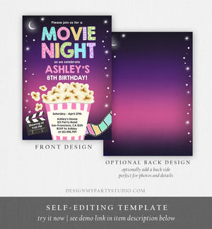 Editable Movie Night Birthday Invitation Girl Backyard Outdoor Movie Under The Stars Cinema Popcorn Sleepover Party Corjl Template 0367
