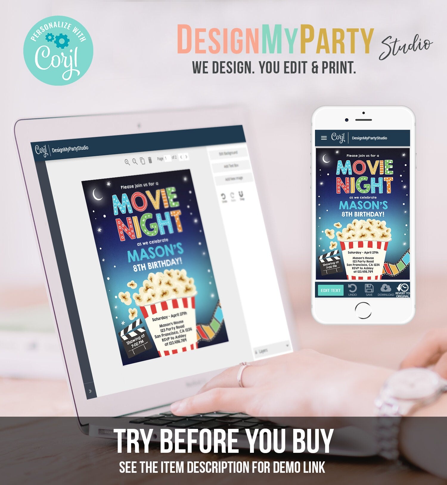 Editable Movie Night Birthday Invitation Boy Backyard Outdoor Movie Under The Stars Cinema Popcorn Sleepover Party Corjl Template 0367
