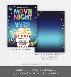 Editable Movie Night Birthday Invitation Boy Backyard Outdoor Movie Under The Stars Cinema Popcorn Sleepover Party Corjl Template 0367