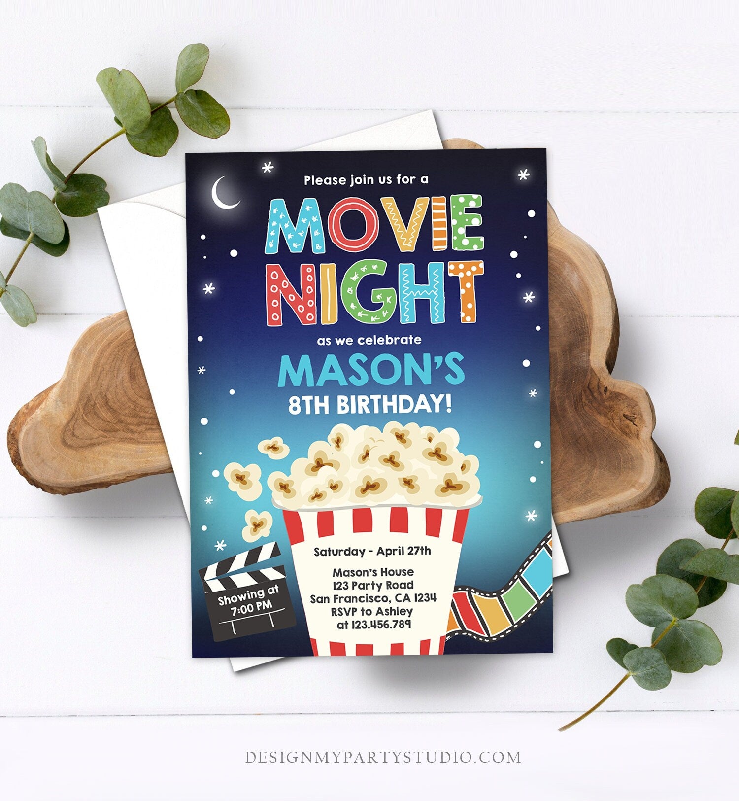 Editable Movie Night Birthday Invitation Boy Backyard Outdoor Movie Un - Design My Party Studio for Free Printable Birthday Invitations Movie Theme